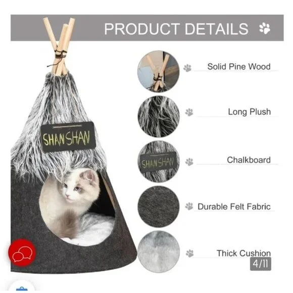 RARE NWT PawHut Cat Teepee w/Chalkboard & Cushion 19.75" Felt Tent - Picture 6 of 8